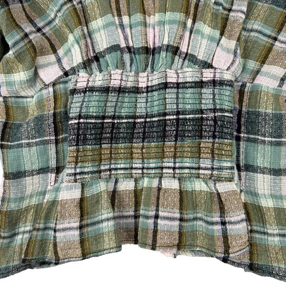 FREE PEOPLE Teagan Blouse With Volume Sleeve In Plaid-Blues Sz Medium - Picture 7 of 7
